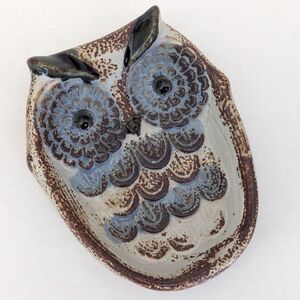VTG Stoneware Owl Soap or Trinket Dish- Gray Brown Earth Tone Animal Theme Decor